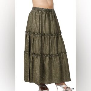 Dark Olive PLUS WOVEN ACID WASH DRAWSTRING WAIST TIERED RUFFLE MAXI SKIRT